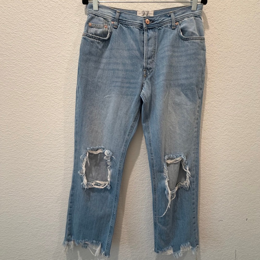 Free People We The Free Twenty-Seven Distressed Straight Leg Jeans Light Wash 27